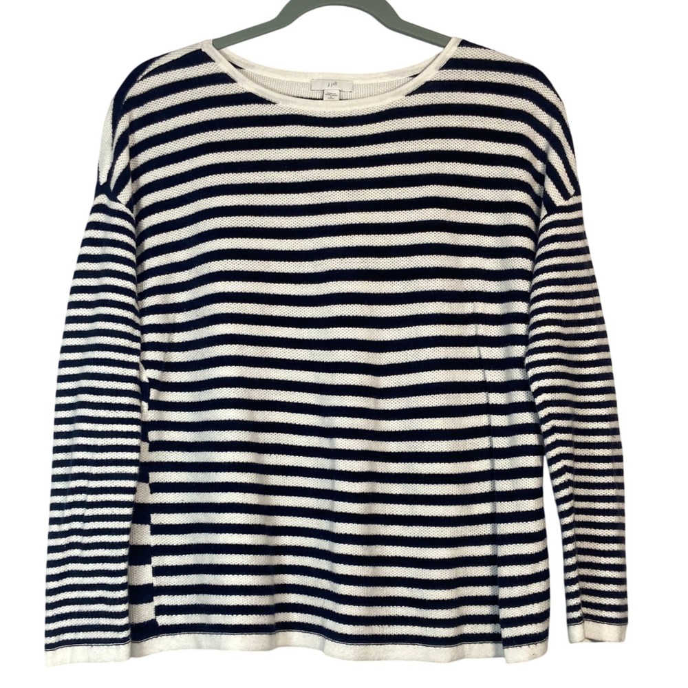 J. Jill Women's Boat Neck Sweater‎ Sz S Navy Blue & White Stripe Cotton Casual